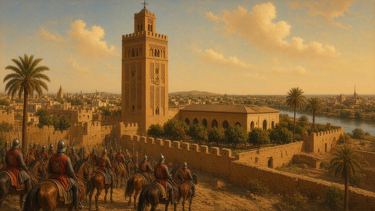 Ferdinand III of Castile in thirteenth-century mail and a royal surcoat with castles and lions, receiving the keys of Seville from Muslim notables in robes and turbans before the city gate, with the Almohad minaret of the great mosque rising behind