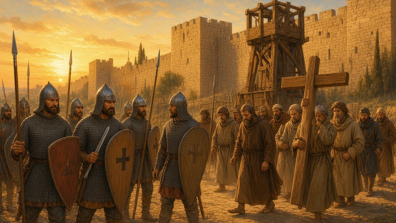 Crusaders in mail hauberks and conical helmets standing before the walls of Jerusalem at dawn, with a wooden siege tower and a procession of clergy