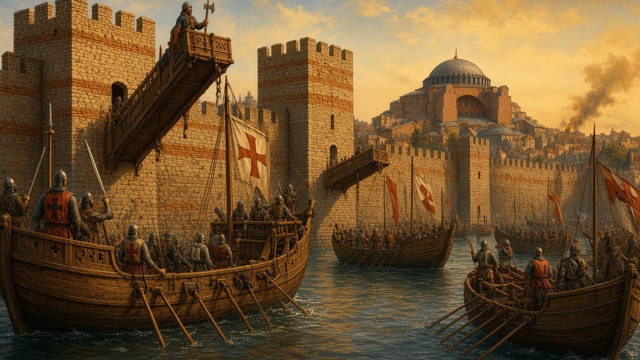 Venetian galleys with flying bridges against the sea walls of Constantinople, crusaders in mail on the decks and the dome of Hagia Sophia beyond