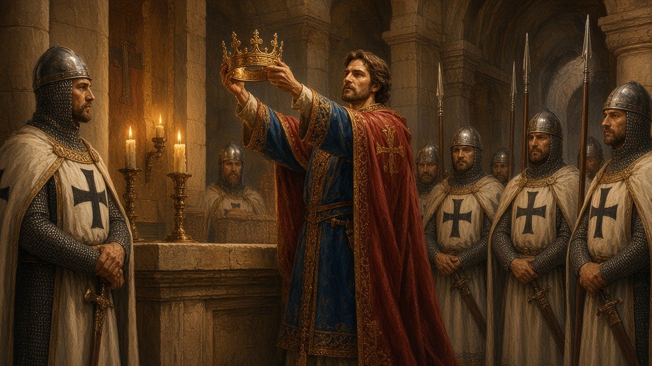 Frederick II in imperial robes taking a crown from the altar in the Church of the Holy Sepulchre while Teutonic Knights stand by, without clergy