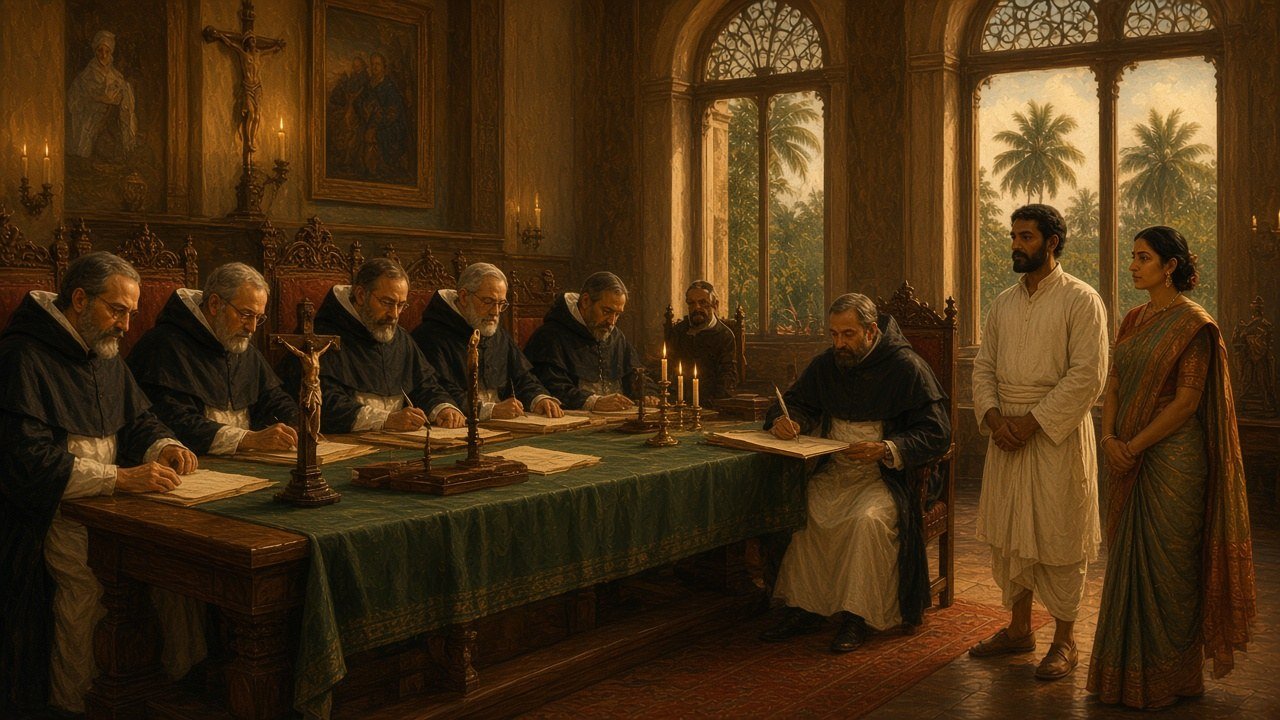A sixteenth-century procession in the square before the Inquisition palace and the cathedral of Goa, with Dominican friars in black and white habits, Portuguese officials in black doublets and ruffs, and Indian penitents in yellow sanbenitos carrying candles under a tropical sky with palms