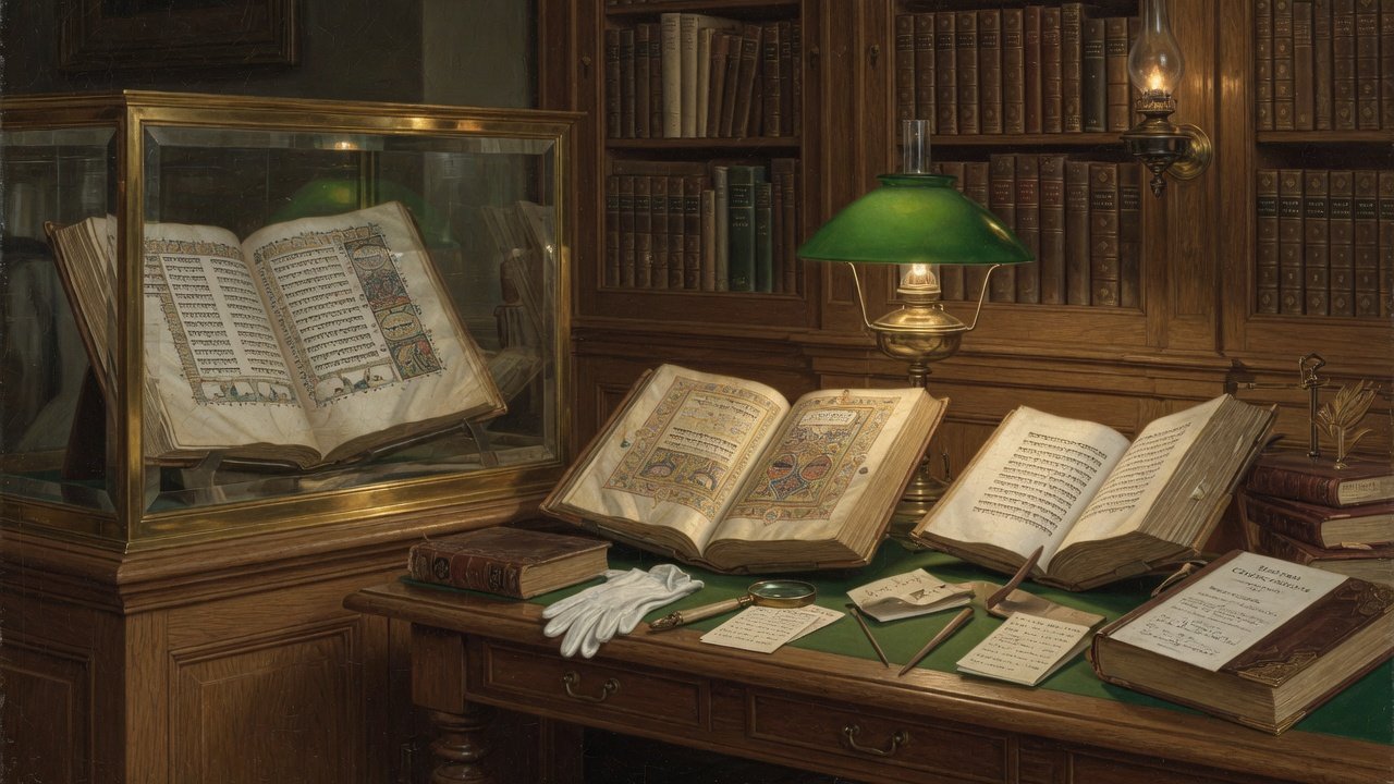 Oil illustration of a Hebrew manuscript reading room with open medieval codices under soft light