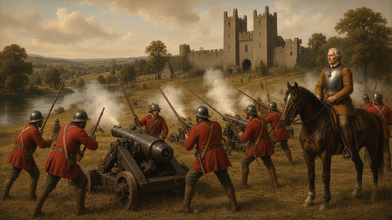 Parliamentarian artillery and redcoat soldiers bombarding the walls of Drogheda in September 1649