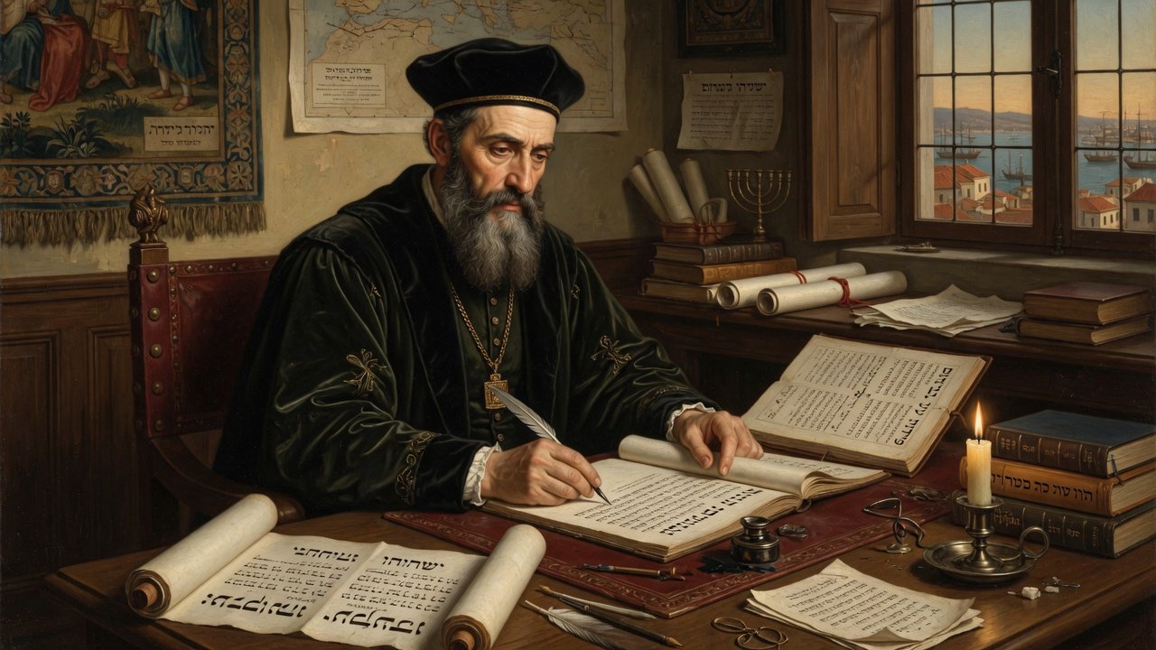 Oil illustration of a late medieval Sephardi statesman-scholar with Hebrew Bible commentaries in an Iberian study