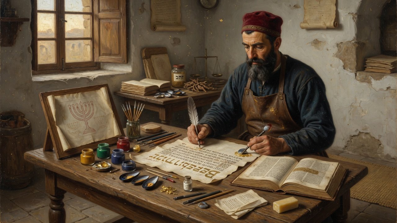 Oil illustration of a Castilian Sephardi scribe-illuminator writing micrography in a Hebrew Bible