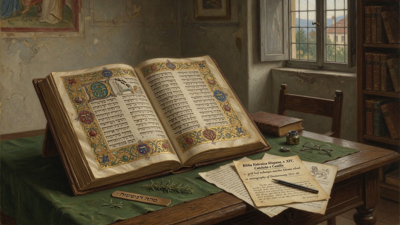 Oil illustration of Iberian Hebrew manuscript art history with ornamental Bible pages and scholarly notes