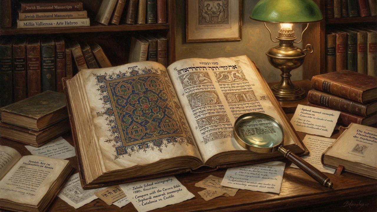 Oil illustration of Sephardi Hebrew Bible decoration and micrography on a scholarly desk