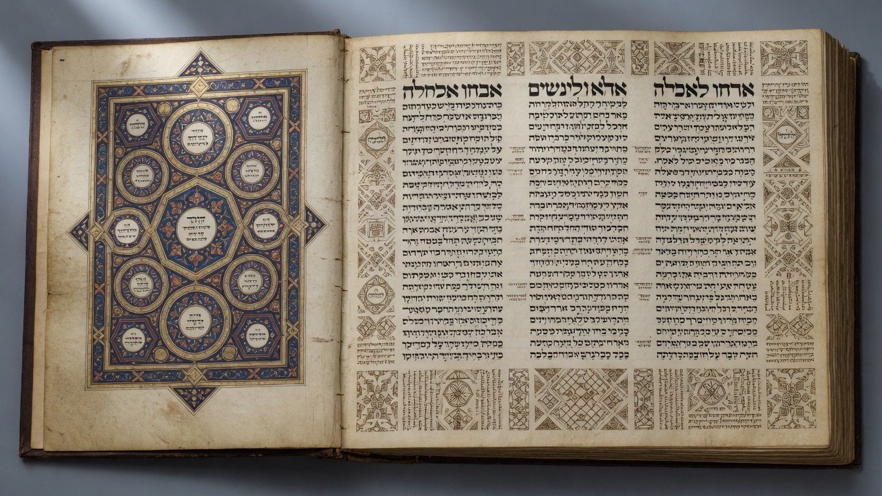 Illustrated open complete Hebrew Bible codex with carpet page and Tiberian Masorah, evoking the Leningrad Codex