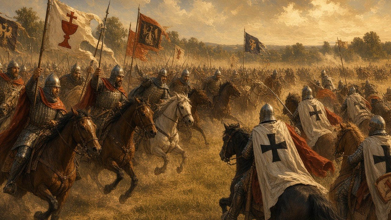 A great medieval battle on open fields with banners, Polish and Lithuanian cavalry charging Teutonic knights in white mantles with black crosses, woods behind