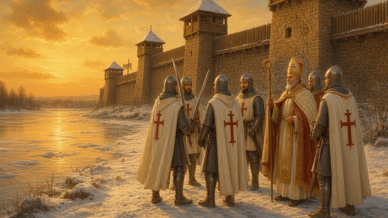 Crusader knights in white mantles with red sword and cross emblems, and a bishop, on the frozen bank of a broad river beside a timber and stone fort