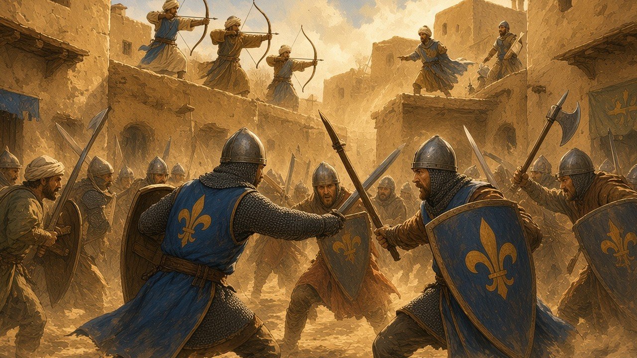 French knights with fleur-de-lis surcoats fighting in the narrow streets of al-Mansura, Mamluk archers on the rooftops, dust and mud-brick walls