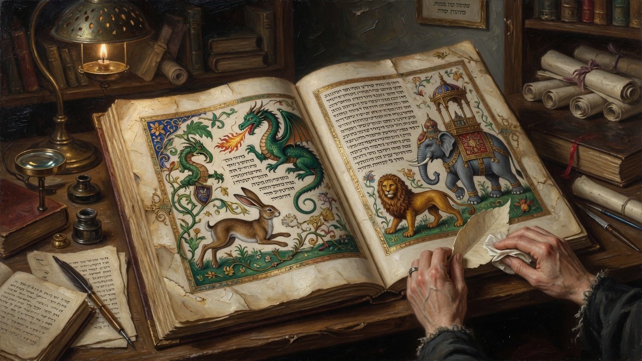 Oil illustration of medieval Jewish illuminated manuscript study with symbolic animal and plant motifs on open pages
