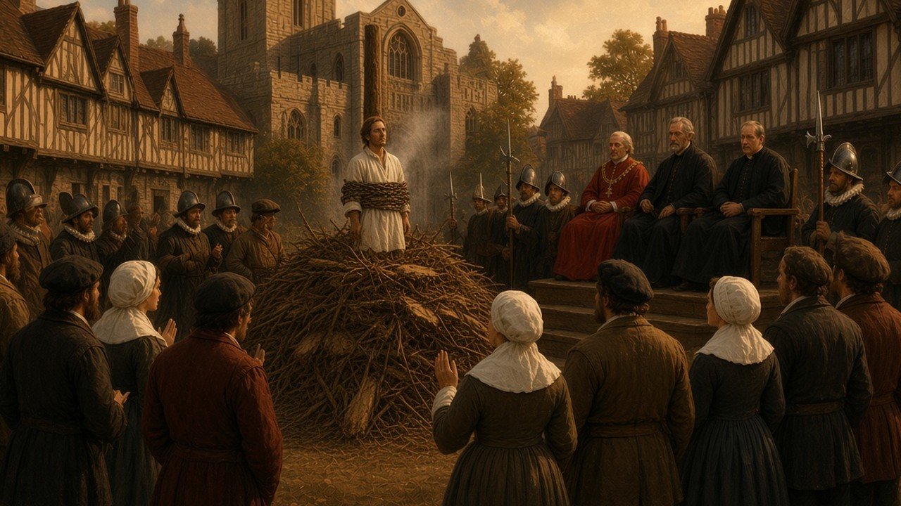 A condemned Protestant standing at the stake amid a high pile of faggots at Smithfield before a sombre crowd, with sheriffs, clergy and halberdiers and the priory church of St Bartholomew behind