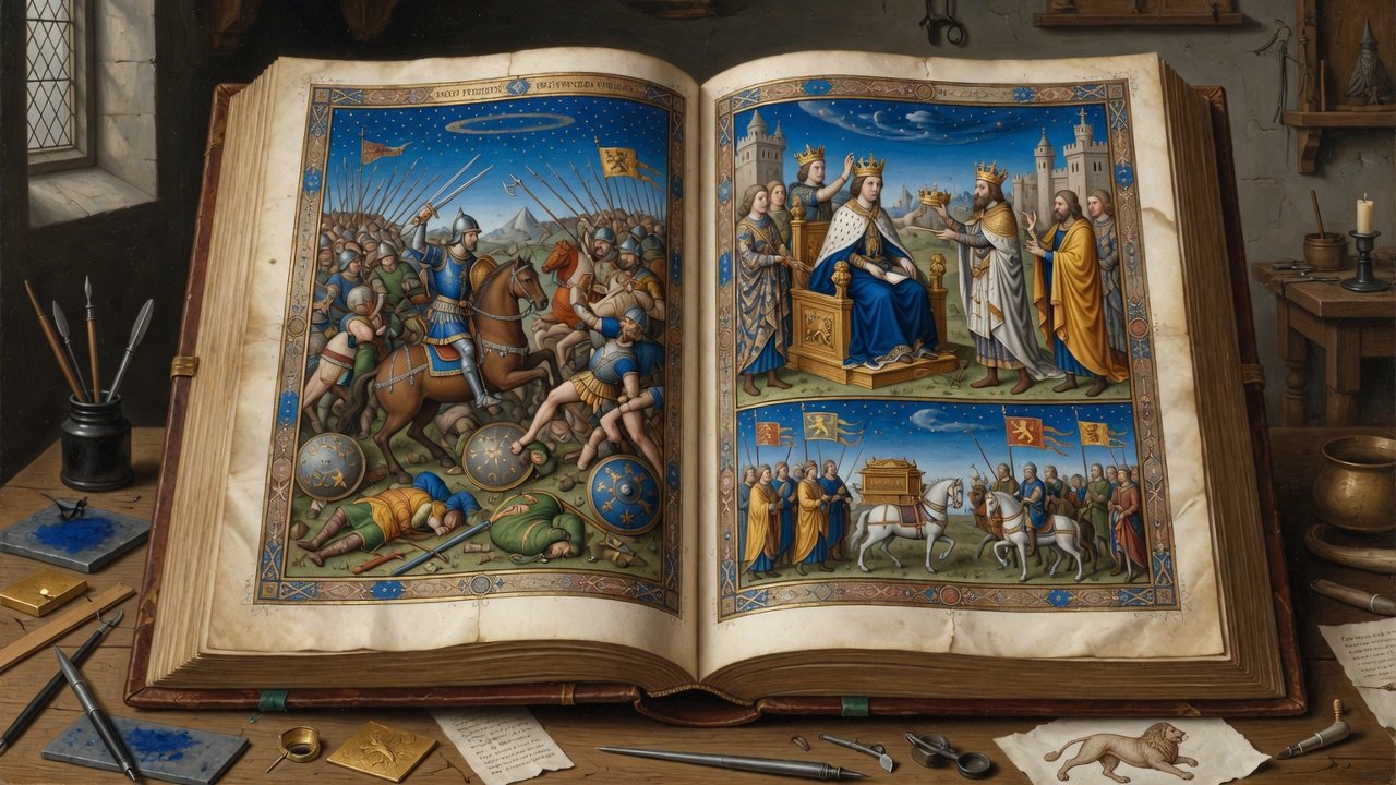 Oil illustration of a medieval French Gothic picture Bible open to vivid Old Testament scenes