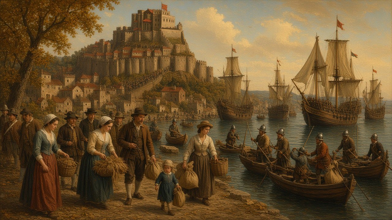 Morisco families embarking on galleys at the port of Denia in 1609 with the castle on its hill behind