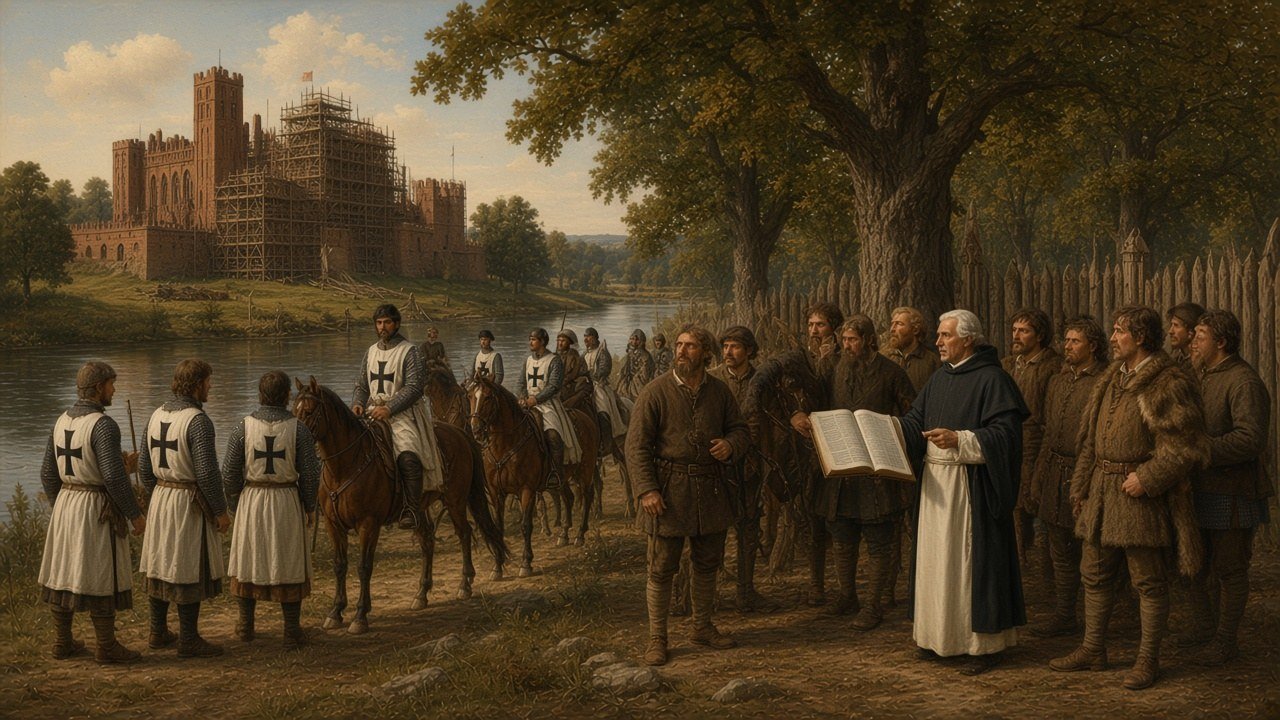Teutonic Knights riding past a brick castle under construction on the Nogat while Prussian villagers and a Dominican friar watch