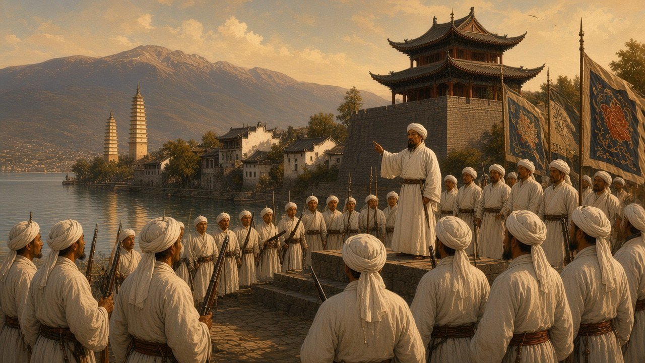 Chinese Hui Muslim soldiers in quilted jackets and white caps with spears and matchlocks before the gate of the walled city of Dali in Yunnan, with a pagoda, Erhai lake and the Cangshan mountains behind in the 1860s
