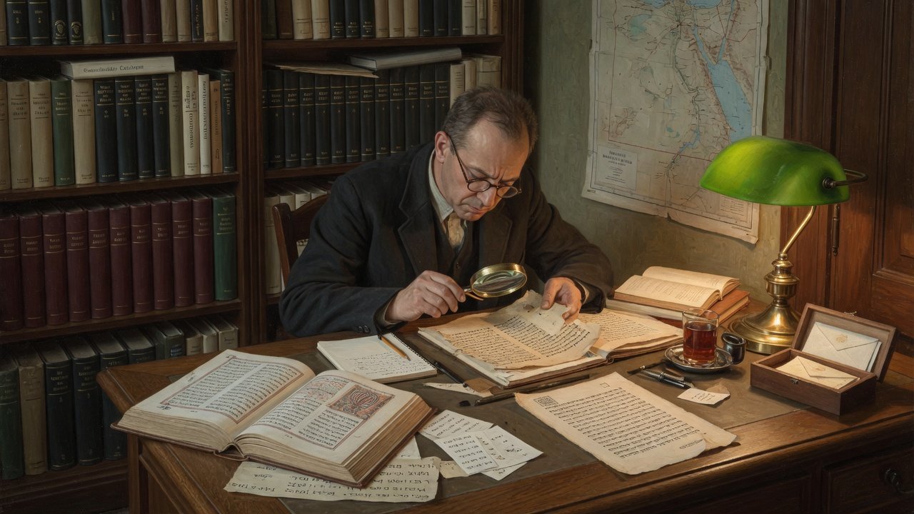 Oil-style study of a mid-twentieth-century Orientalist desk with Hebrew Bible leaves, Cairo Genizah fragments, and open notebooks on vocalization systems