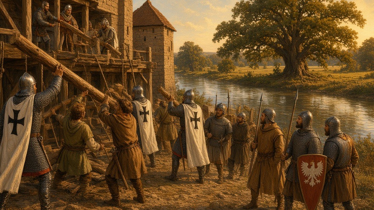 Teutonic knights in white mantles with black crosses building a timber fortress on the bank of the Vistula, an oak tree on the opposite bank, crusaders and Polish soldiers nearby