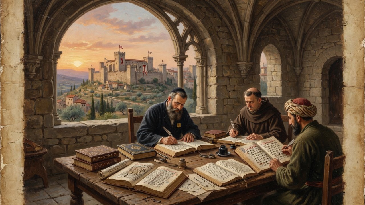 Oil painting of Iberian scholars with Hebrew, Latin, and Arabic books in a scriptorium during the Reconquista era