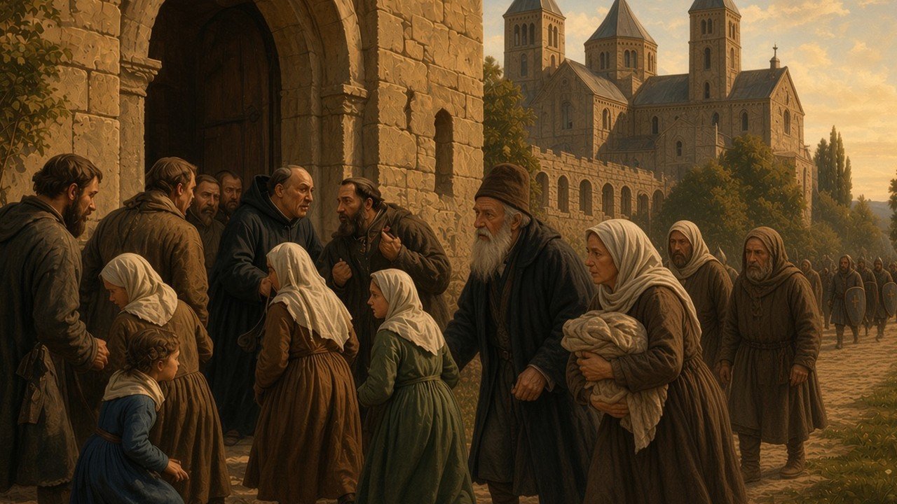 Jewish families of Worms seeking shelter at the gate of the bishop's palace as a column of crusaders approaches, with the Romanesque cathedral behind
