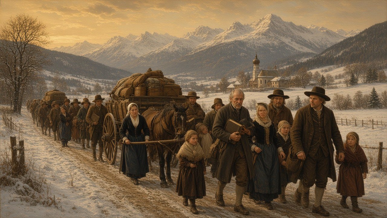 A column of Salzburg emigrant families with laden wagons walking along a snowy Alpine road, a village church and mountains behind them