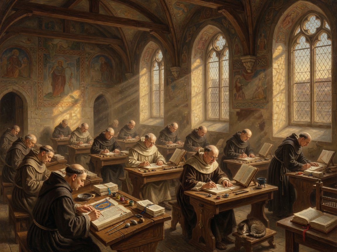 Scribes copying manuscripts in a medieval scriptorium