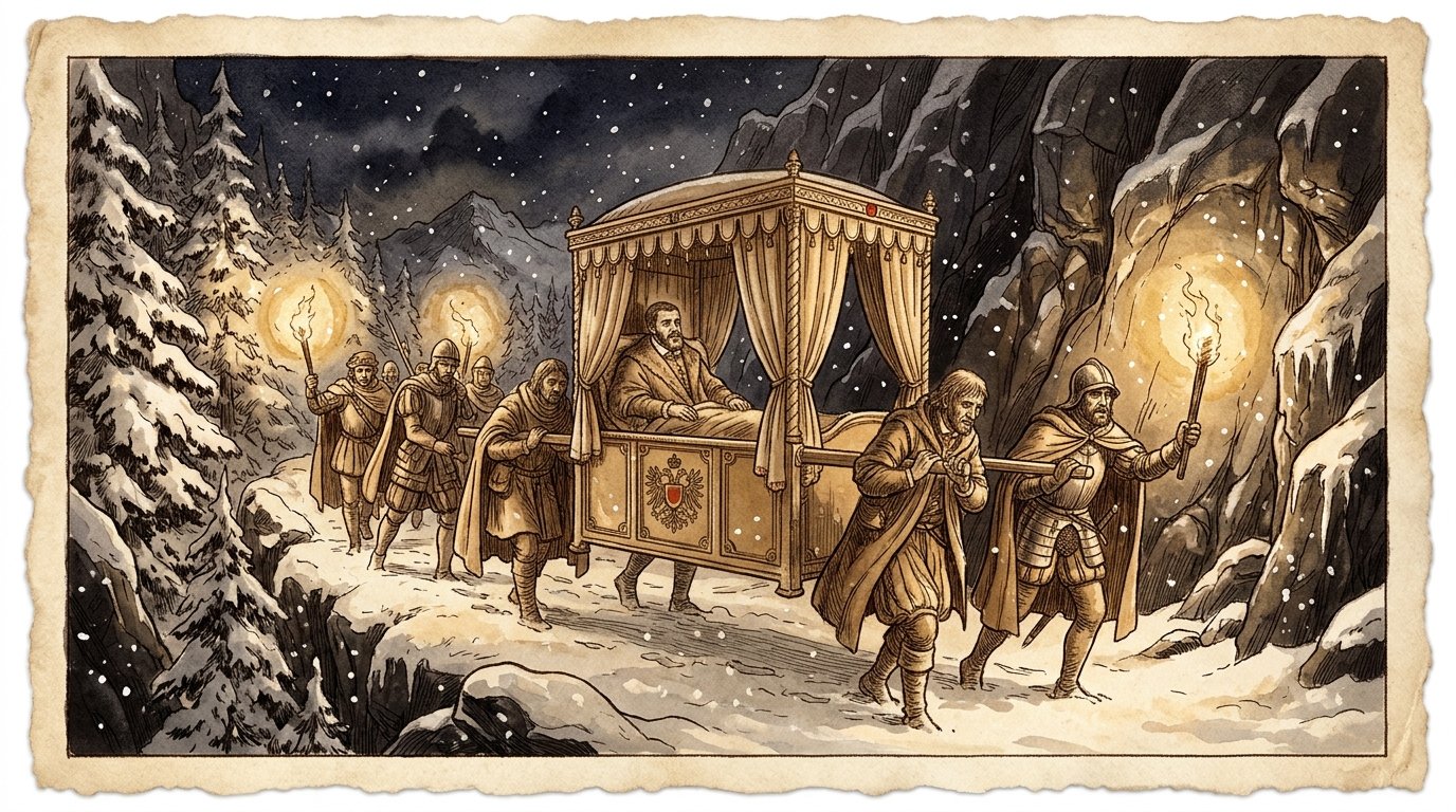 Ailing Emperor Charles V fleeing in a litter through a night blizzard over an Alpine pass in May 1552