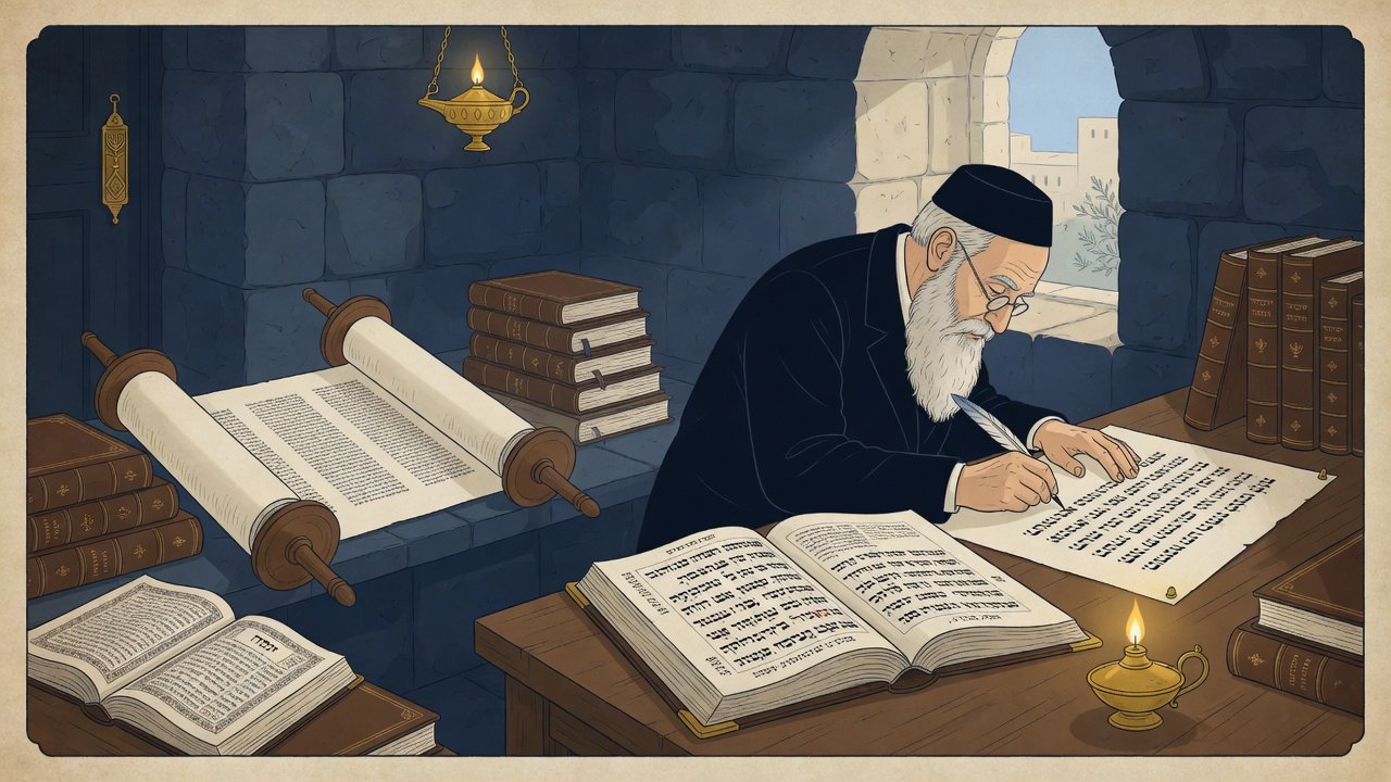 A nineteenth-century Jerusalem study with the Aleppo Codex, Torah scrolls, and a scholar’s lamp