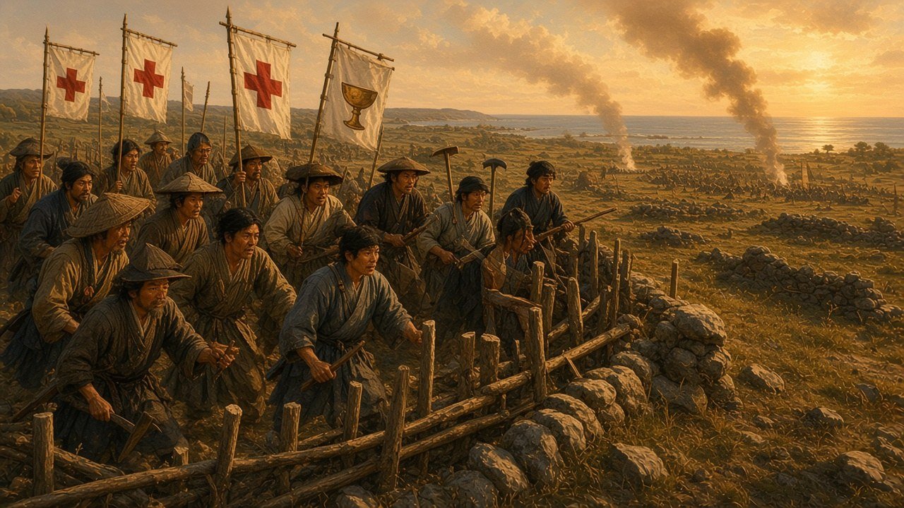 Japanese peasant rebels in straw raincoats and simple armour with spears and matchlock muskets on the earthen ramparts of a ruined coastal castle, beneath a white banner bearing a chalice and a cross, with the sea and siege camps beyond