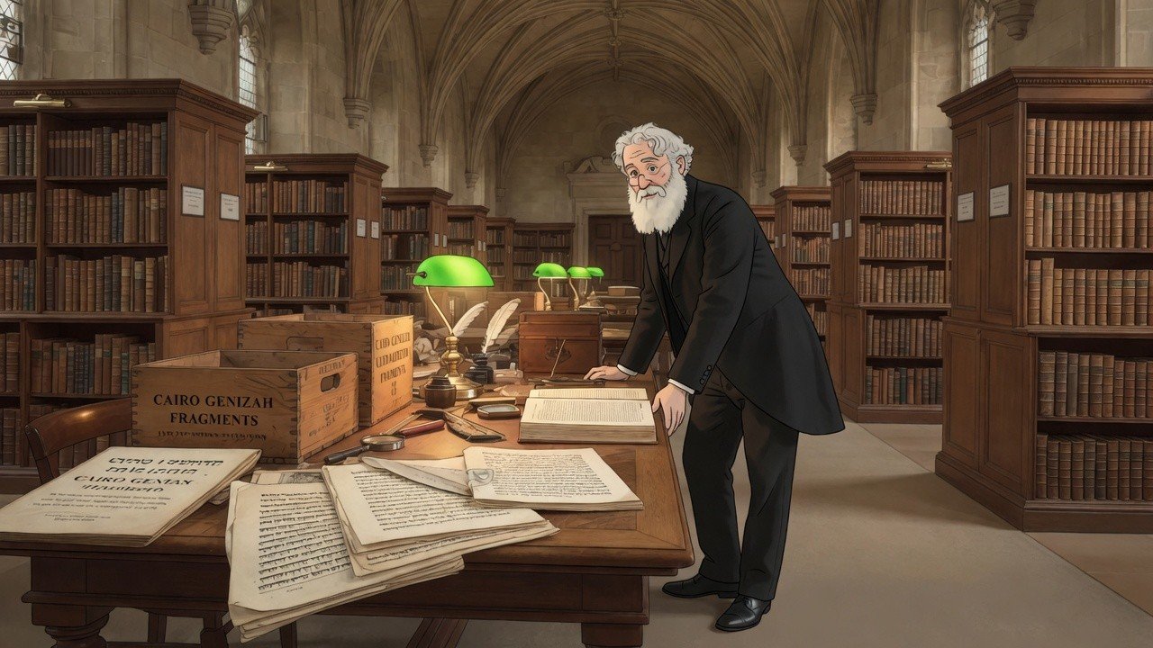 Solomon Schechter full figure with Cairo Genizah biblical manuscript treasures on a Cambridge library table