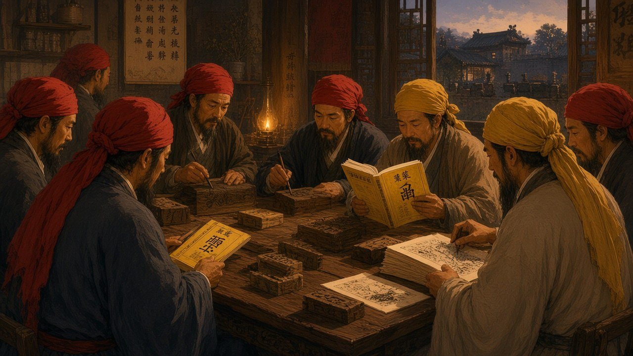 Taiping scholars with long unbraided hair and red and yellow headcloths reading and preparing woodblock-printed Chinese Bible books with yellow covers at a table in Nanjing, with carved printing blocks, a lamp and tiled roofs seen through the window