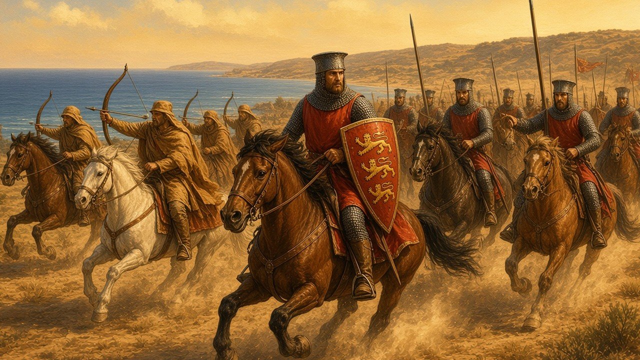 Richard the Lionheart in mail and a red surcoat, bearing a red shield with gold lions, leading a charge of crusader knights across the coastal plain at Arsuf, the sea beyond and Ayyubid horse archers in the dust