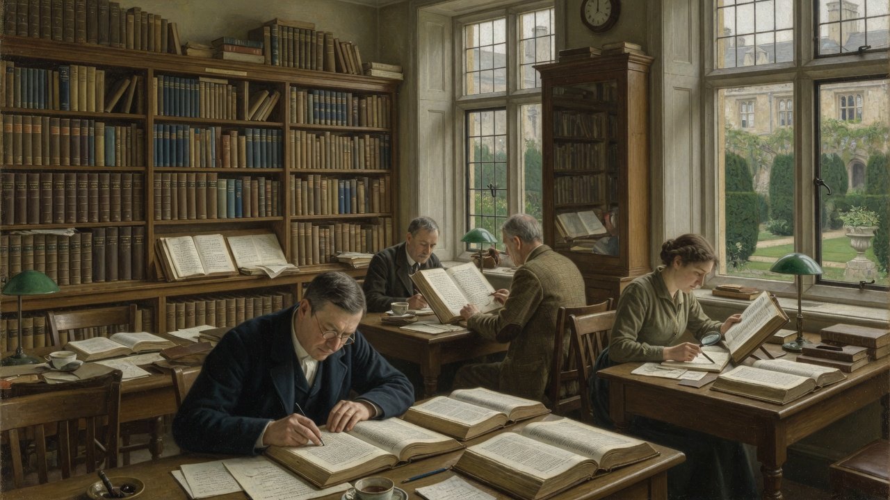 Oil illustration of a Cambridge biblical research library with open Hebrew and Greek volumes on oak tables under warm study light