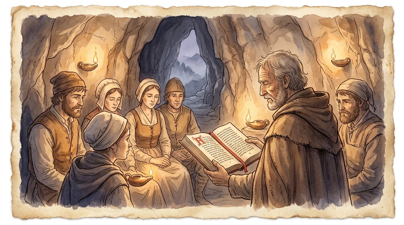 Waldensian believers gathered by oil lamp in an Alpine cavern reading from the Romance New Testament manuscript