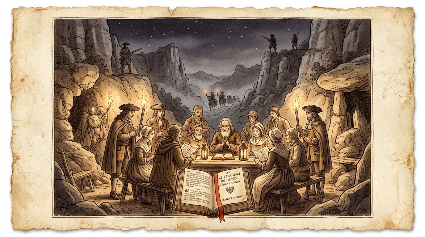 A clandestine Protestant prayer assembly in the rugged granite gorges and chestnut groves of the Cévennes during the War of the Camisards
