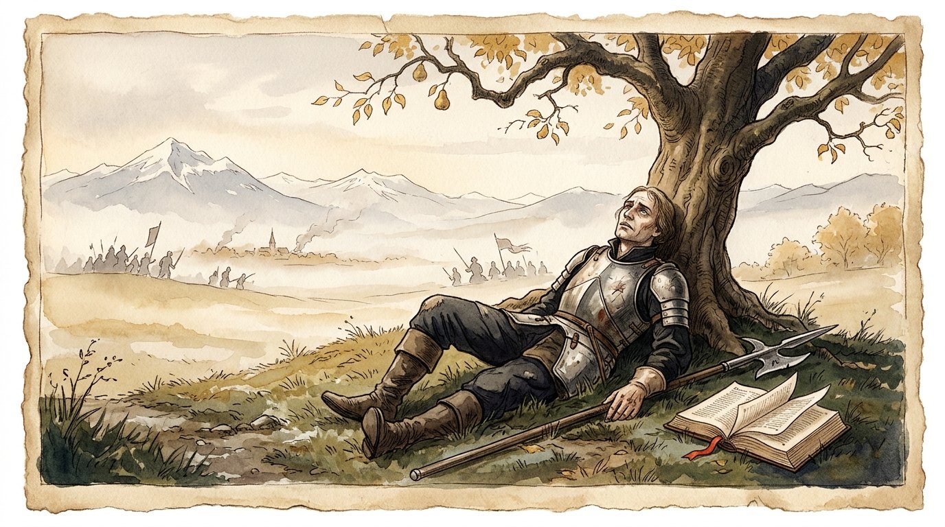 The mortally wounded reformer Huldrych Zwingli lying beneath a pear tree after the Battle of Kappel, 1531