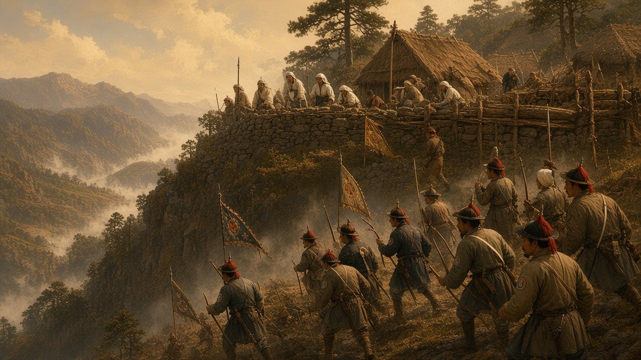 Chinese peasant rebels in white headbands and padded cotton jackets with spears and farm tools gathered on a forested mountain ridge in the late eighteenth century, with a walled hill stockade and terraced fields in the misty valley below
