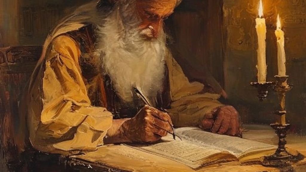 Saadia Gaon writing a Hebrew manuscript by candlelight in a tenth-century Abbasid study