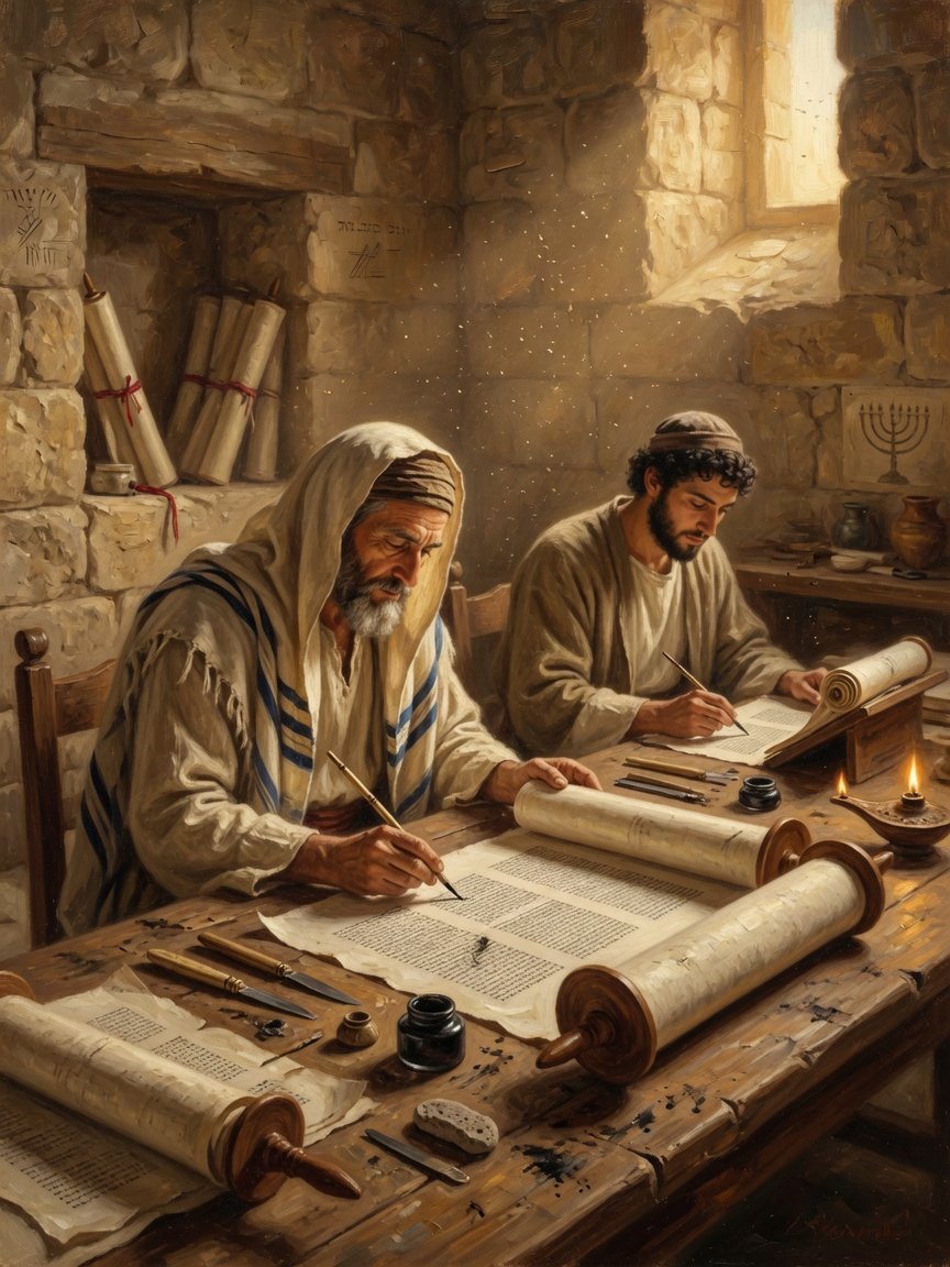Ancient Jewish soferim copying a Torah scroll