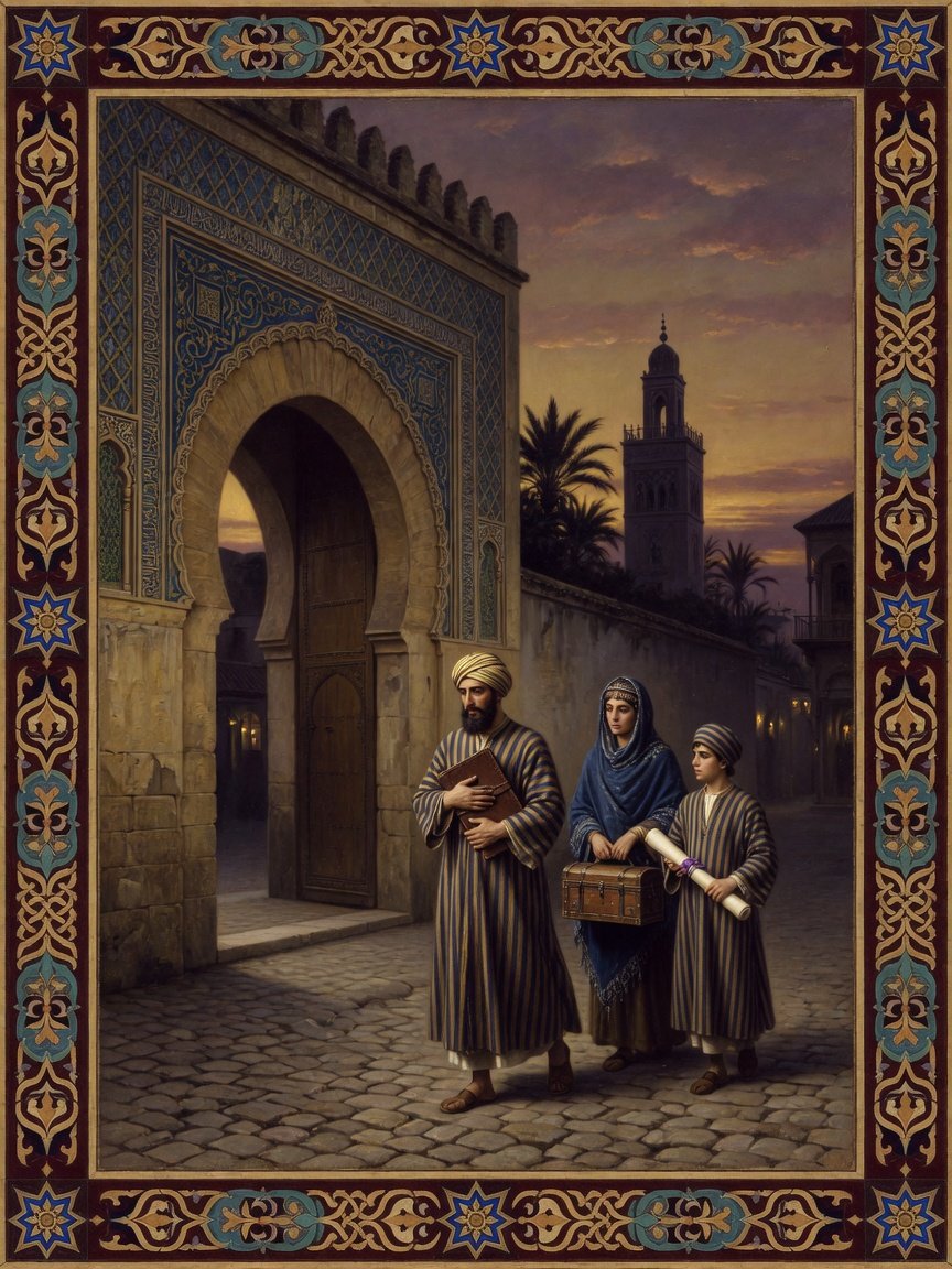 Original illustration: a Sephardi family flees Córdoba at twilight, carrying Hebrew codices and scrolls