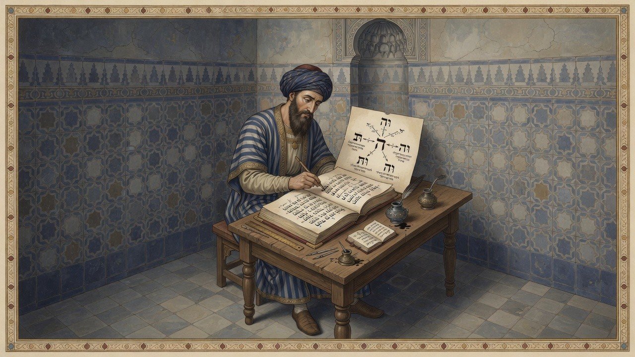 Full-figure Andalusian Hebrew scholar at his desk with grammar book and root diagrams