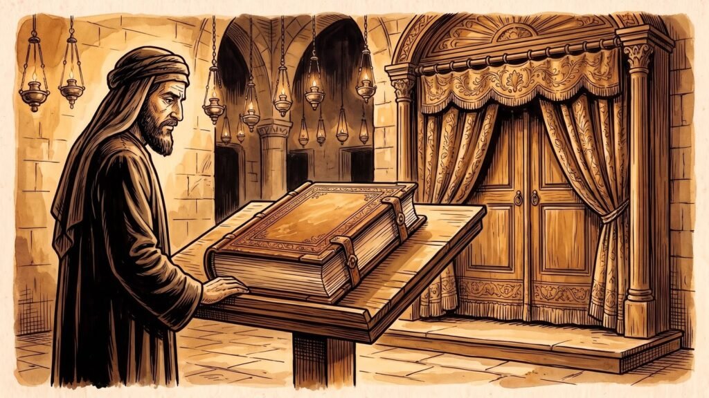 Hand-painted woodcut illustration in warm ochre and sepia of a closed bound parchment manuscript with a tooled leather binding and brass clasps, resting on a wooden lectern in a Syrian synagogue, a reader in a long dark robe and head covering with a clearly drawn face beside it, hanging oil lamps overhead and the embroidered curtain of the Torah ark at the right.