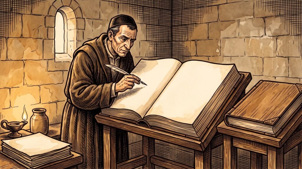 Hand-painted woodcut illustration in the site style of a Jewish scholar in a dark cap and heavy brown robe leaning over a great open codex on a sloped lectern in a bare stone chamber, pointing with a thin quill, a closed second codex beside him, a single oil lamp on the bench and a small arched window high on the wall.