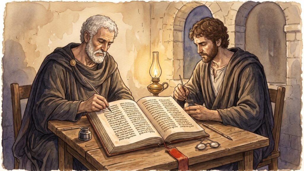 Warm sepia watercolour illustration of two bearded scholars in dark robes leaning over a heavy oak table where two large open codices lie side by side, a brass lamp and spectacles between them.
