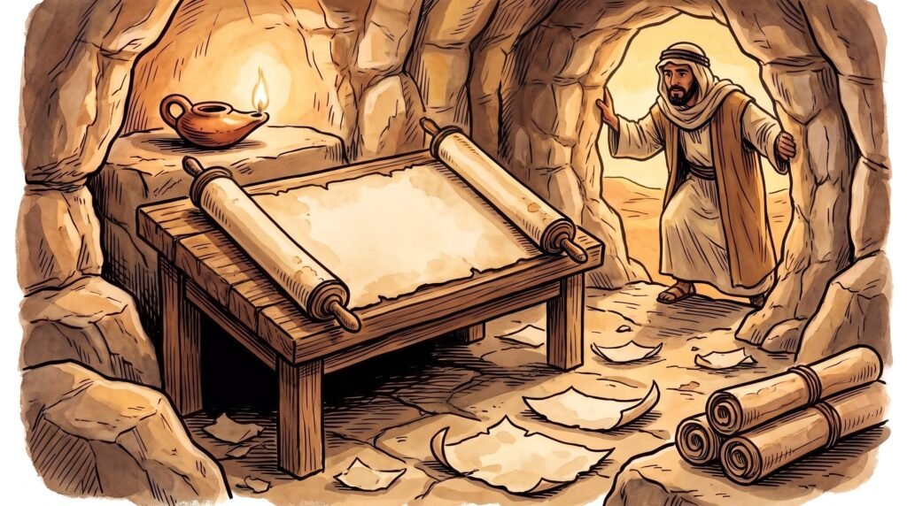 Hand-painted woodcut illustration in warm ochre and sepia of a Samaritan high priest in white linen robes and a red head-cloth reading from an unrolled Samaritan parchment scroll on a wooden lectern at the foot of Mount Gerizim near Nablus, with sheep, sparse shrubs, and a tiny whitewashed chapel at the crest.