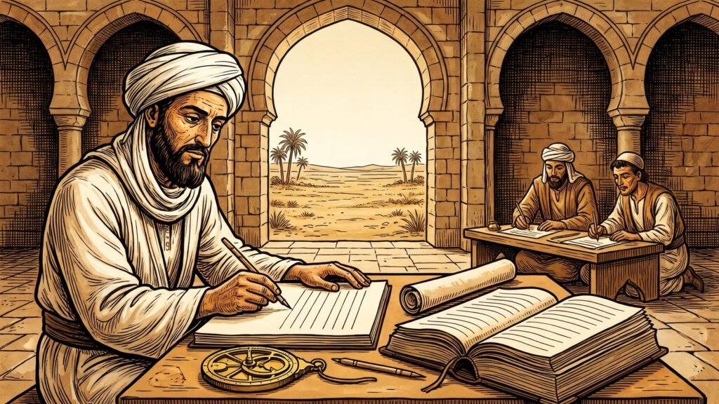 Hand-painted woodcut illustration in warm ochre and sepia of Maimonides in a white turban writing at a low desk in a stone room with pointed arches, a brass astrolabe and an open codex on the desk, two assistants working behind him, and palm trees visible through the arches.