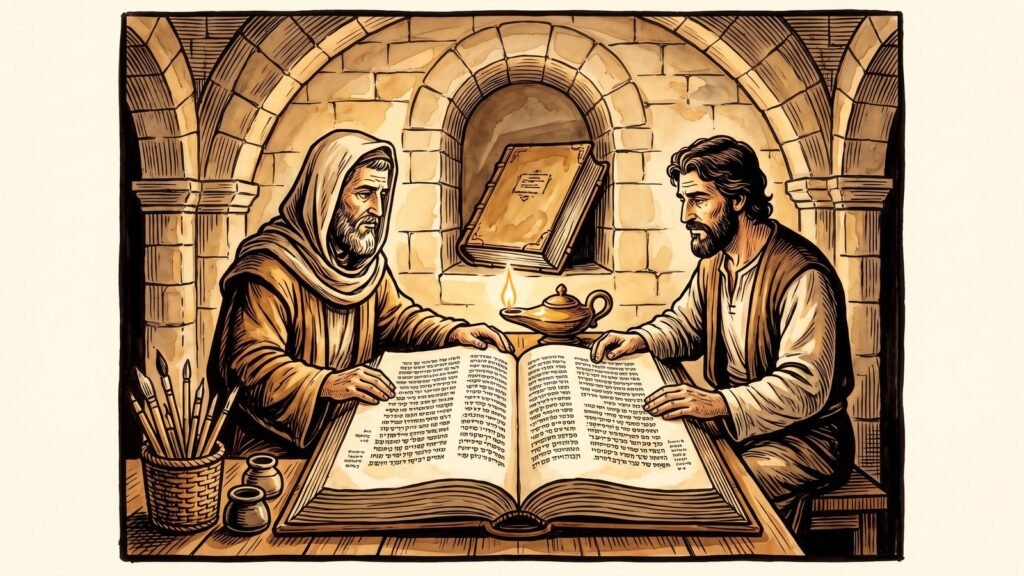 Hand-painted woodcut illustration in warm ochre and sepia of an ancient scholar in a candlelit study surrounded by unfurled parchment scrolls, stacked papyrus codices, and a writing desk with reed pens.