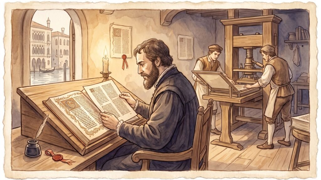 Warm sepia watercolour illustration of a bearded corrector comparing a printed sheet with an exemplar manuscript at a slanted desk in a sixteenth-century Venetian print shop, two compositors at a wooden press behind him.