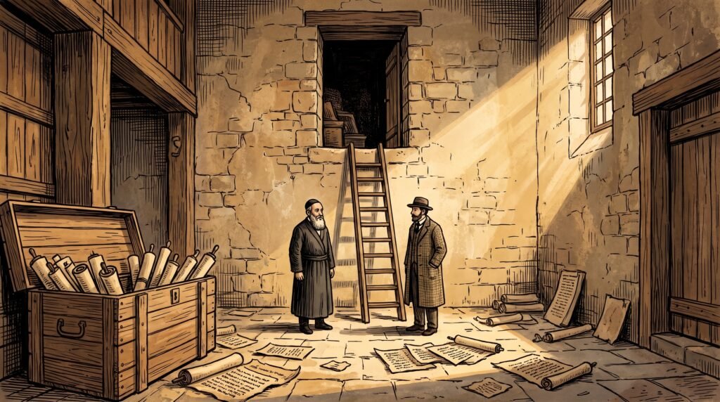 Hand-painted woodcut illustration in warm ochre and sepia, of the Ben Ezra Synagogue in Fustat (Old Cairo), winter light from a high window. A wooden ladder leads up to the genizah chamber in the upper end wall, scattered manuscript fragments lie on the floor below, and two figures (a rabbi in dark robe and a European visitor in a long coat) stand at the ladder. A wooden packing case half-full of parchment scrolls is at one side.